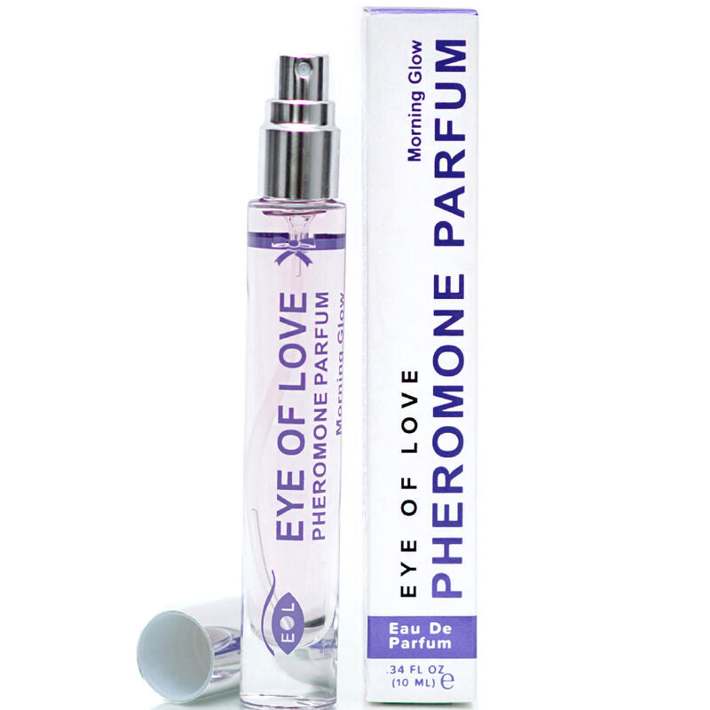 Profumo EYE OF LOVE Morning Glow con feromoni, bottiglia da 10 ml, elegante e delicato, visibile con dettagli del flacone.