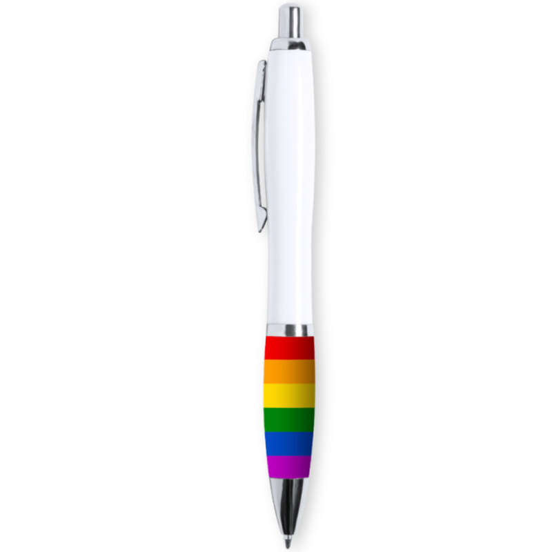 Bandiera LGBT Pride bianca con scritte colorate, simbolo di inclusione e diversità, brand PRIDE, visibile in dettaglio.