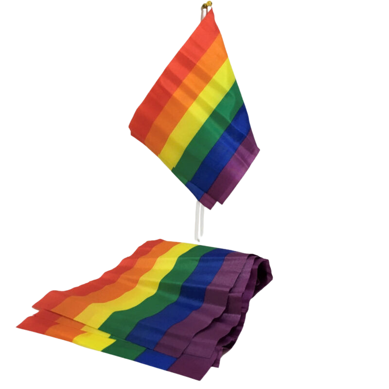 Piccola bandiera LGBT PRIDE con colori arcobaleno su asta, simbolo di inclusione e diversità.