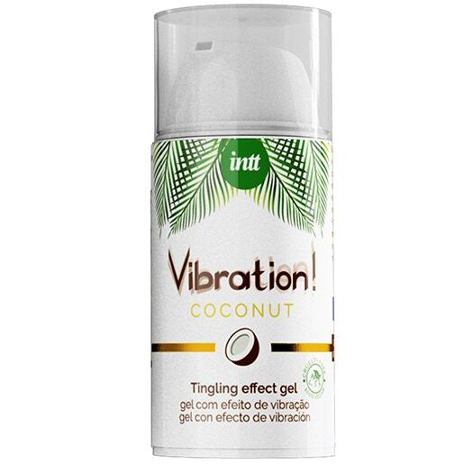 Gel vibrante stimolante vegano INTT VIBRATION GEL, liquido e potente, con confezione visibile e dettagli del prodotto.