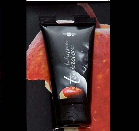 Lubrificante TENTACION al gusto di frutto della passione, bottiglia da 75 ml con etichetta colorata e dettagli del prodotto