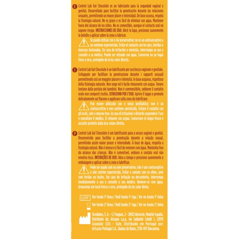 Gel lubrificante al cioccolato CONTROL LUBES, 75 ml, in confezione con tubo, mostra il prodotto con etichetta e tubo di lubrificante.