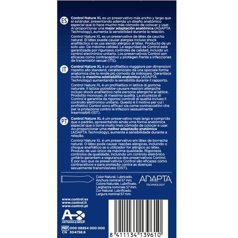 Preservativi CONTROL ADAPTA NATURE XL, confezione da 12, mostra il blister con preservativi di grandi dimensioni e marca CONTROL CONDOMS