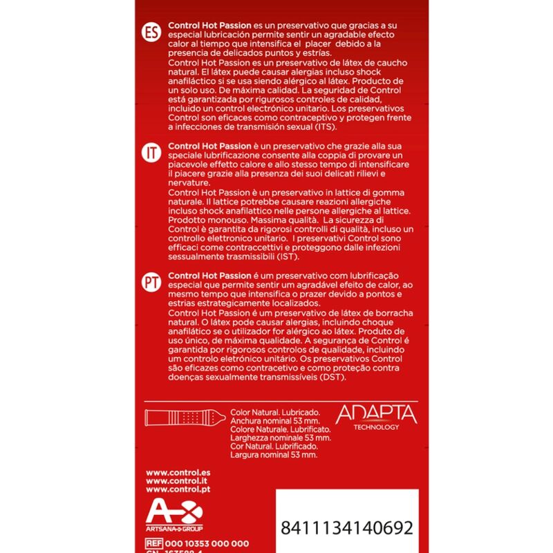 Confezione di 10 preservativi CONTROL HOT PASSION con effetto riscaldante, confezione con dieci unità, immagini di preservativi avvolti.