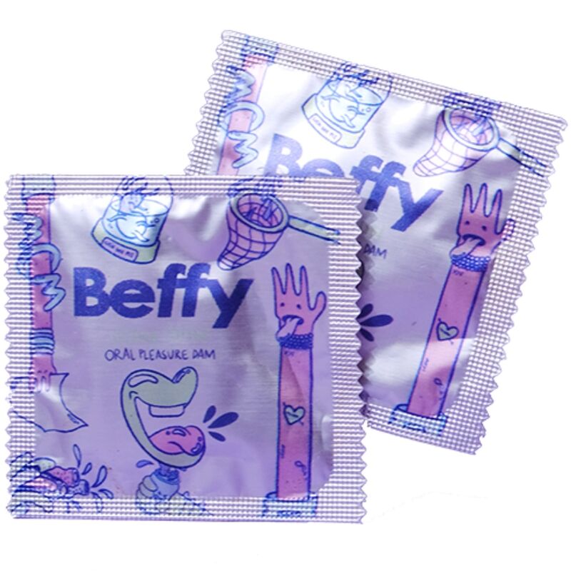 Preservativo BEFFY per sesso orale, confezione con profilattici, immagine che mostra il prodotto e il packaging.
