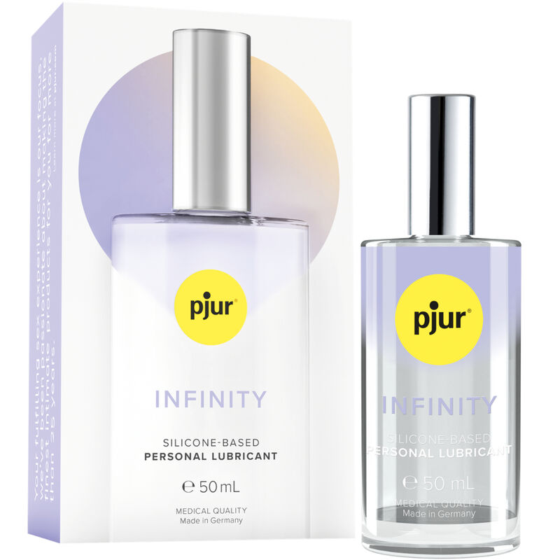 Lubrificante personale PJUR Infinity a base di silicone, 50 ml, bottiglia con etichetta blu e tappo trasparente.