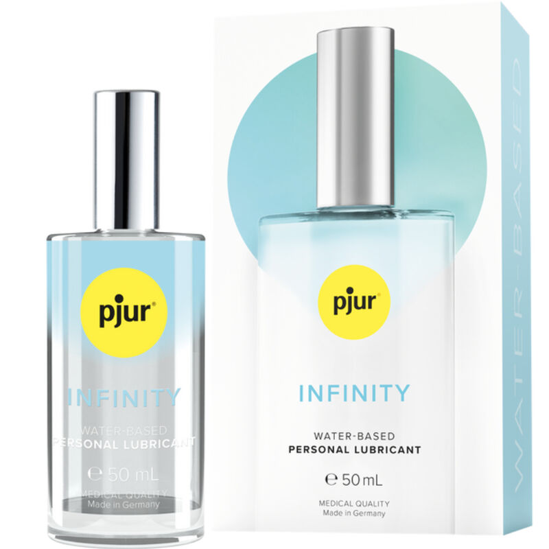 Lubrificante personale PJUR Infinity a base acqua, flacone da 50 ml, con etichetta visibile e dettagli del packaging.