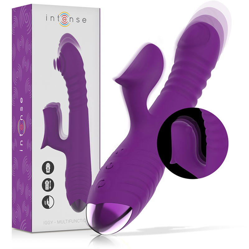 Vibratore multifunzione ricaricabile INTENSE Iggy Up & Down con stimolatore clitoride viola, dettagli e forma visibili in immagine.