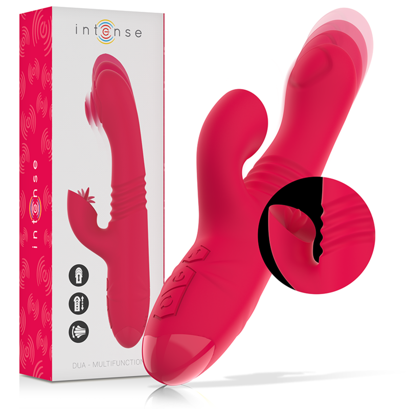 Vibratore multifunzione ricaricabile INTENSE Fun Up & Down con lingua rossa, design ergonomico e dettagli colorati.