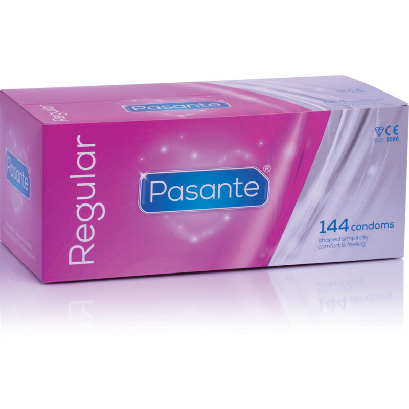 Preservativi Pasante regolari in confezione da 144 pezzi, scatola con preservativi in lattice e lubrificato.