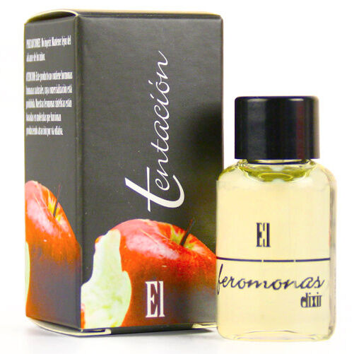 Profumo TENTACION Elisire di feromoni per lui, bottiglia elegante con etichetta blu e spray, su sfondo neutro.