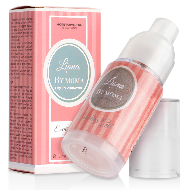 Gel vibratore liquido eccitante LIONA BY MOMA, flacone da 15 ml con etichetta colorata e confezione compatta.