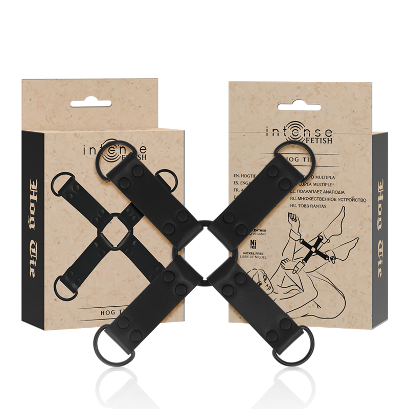 Fetish hog tie INTENSE FETISH in pelle nera con fibbie e cinghie regolabili, accessorio BDSM per restrizioni e gioco di ruolo.