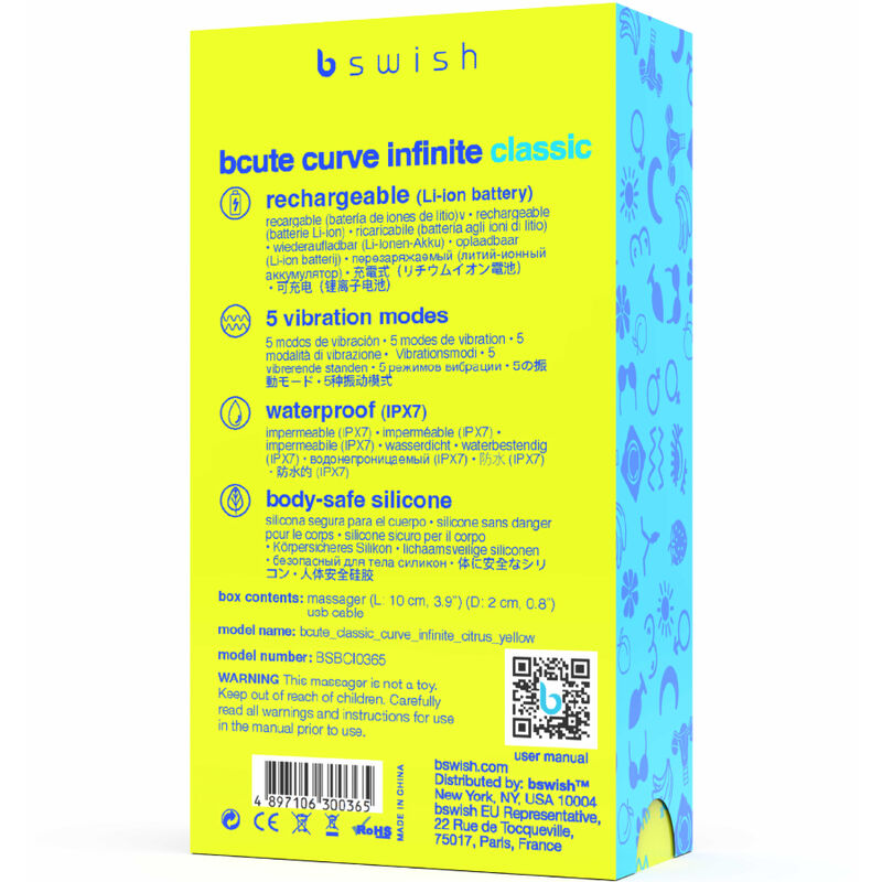 Vibratore B SWISH BCUTE CURVE INFINITE CLASSIC in silicone giallo, design curvo e ricaricabile, vista dall'immagine