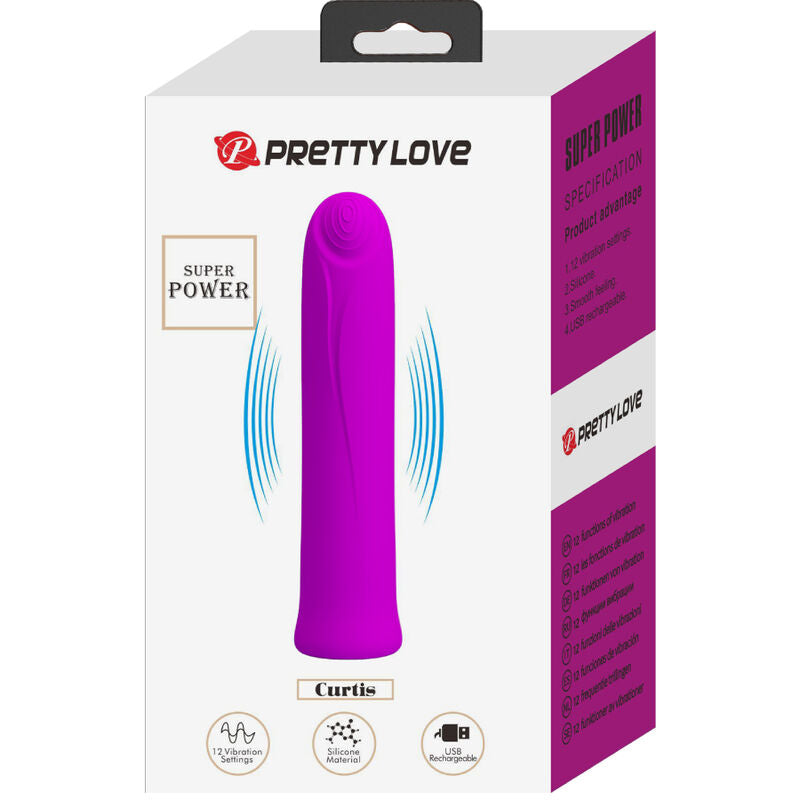 Vibratore Curtis Mini di Pretty Love Flirtation, in silicone viola con 12 modalità di vibrazione, compatto e potente.