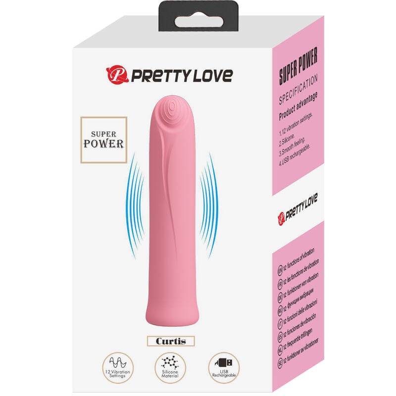 Vibratore Curtis Mini di Pretty Love Flirtation in silicone rosa con 12 vibrazioni, compatto e potente per il piacere.