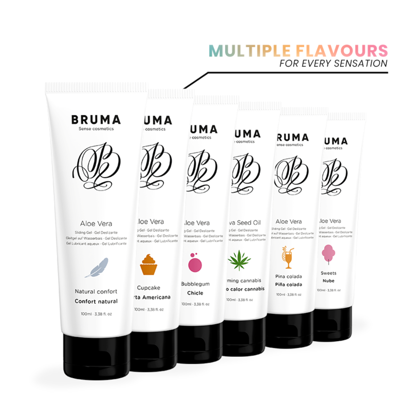 Gele scorrevole BRUMA alla aloe vera gusto dolci, contenuto da 100 ml, con confezione e etichetta visibile.