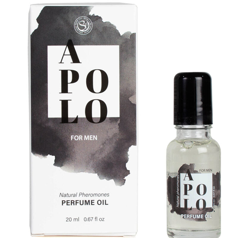 Olio profumo ai feromoni SECRETPLAY APOLO in flacone da 20 ml, con etichetta e applicatore.