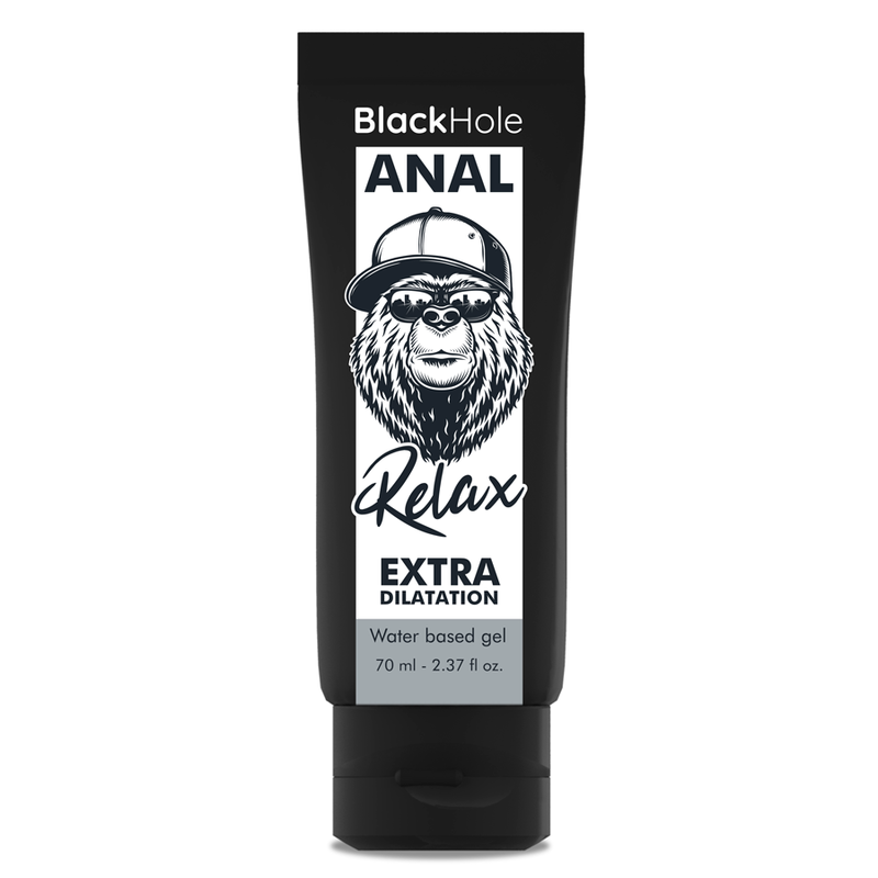 Gel dilatante anale Black Hole, a base d'acqua, in tubo da 70 ml, con etichetta nera e dettagli del prodotto.