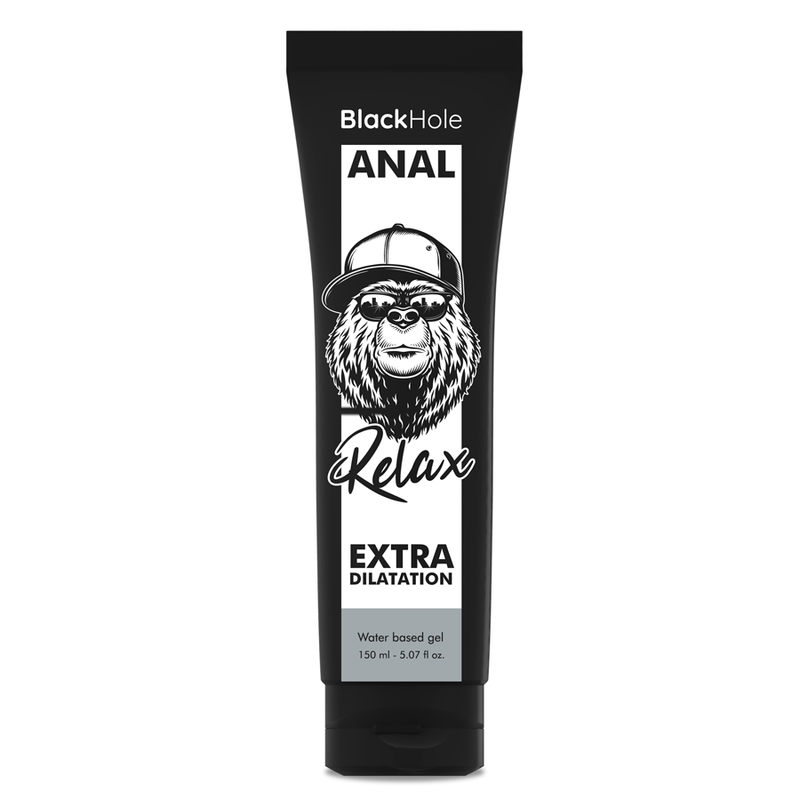 Gel anal dilatante BLACK HOLE, base acqua, 150 ml, confezione con tubo e etichetta nera, indicato per relax e comfort.