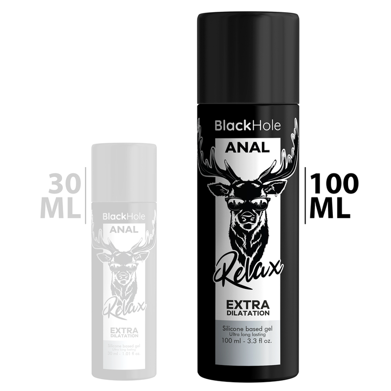 Gel di dilatazione anale BLACK HOLE a base di silicone, contenuto da 100 ml, con applicatore e confezione.