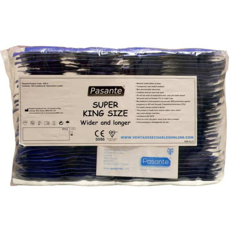 Preservativi Pasante Taglia Super King Bag, confezione da 144 unità, con dettagli sulla confezione e il design del prodotto