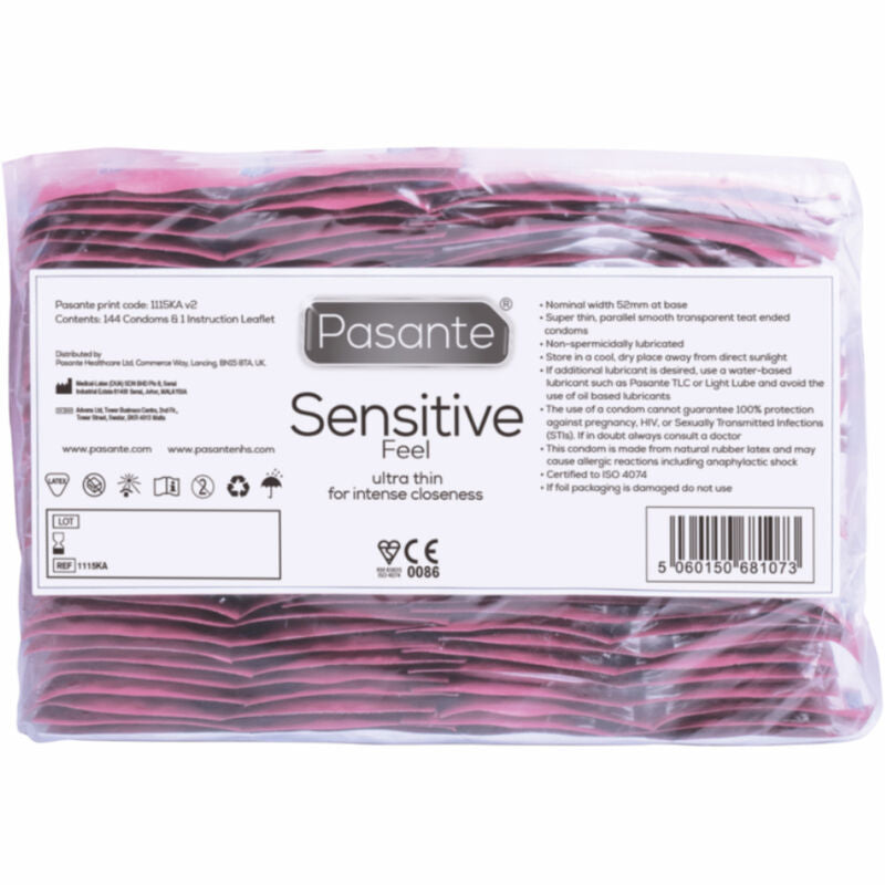 Borsa Pasante Sensibile per preservativi con 144 unità, contenitore compatto e resistente in plastica trasparente.