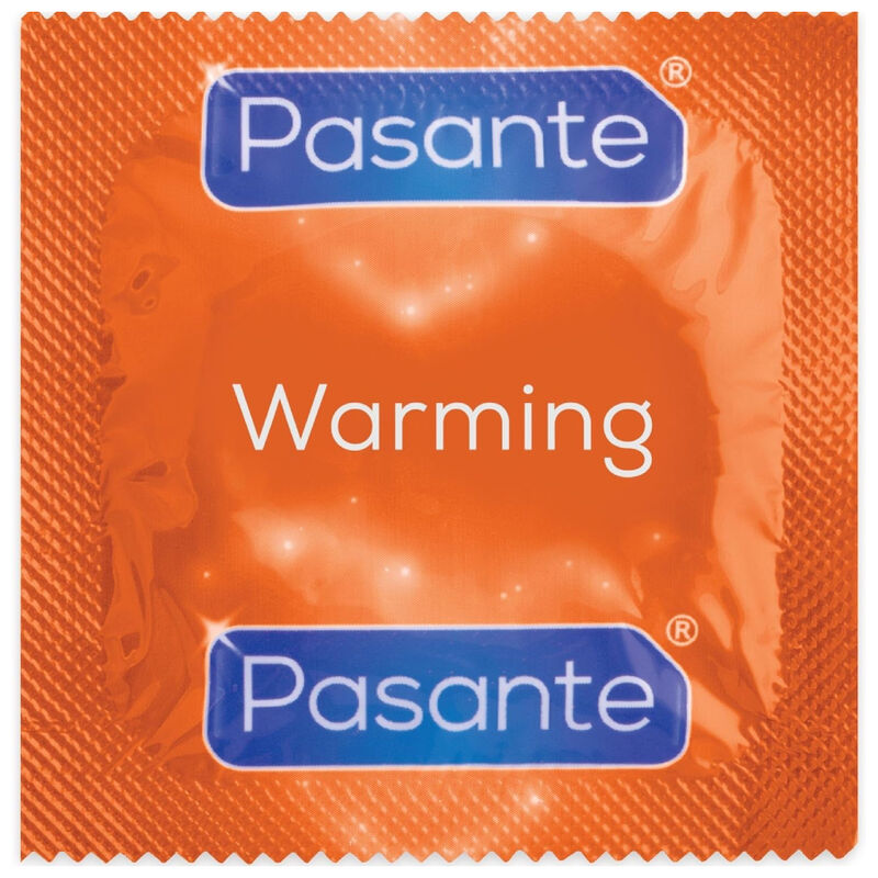 Busta per preservativi Pasante effetto riscaldante con 144 unità, confezione con preservativi femminili e maschili.
