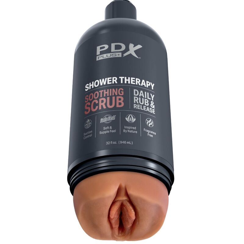 Mascherina masturbatore PDX PLUS+ in stile bottiglia, design discreto con scrub lenitivo e shampoo candy, immagine frontale.
