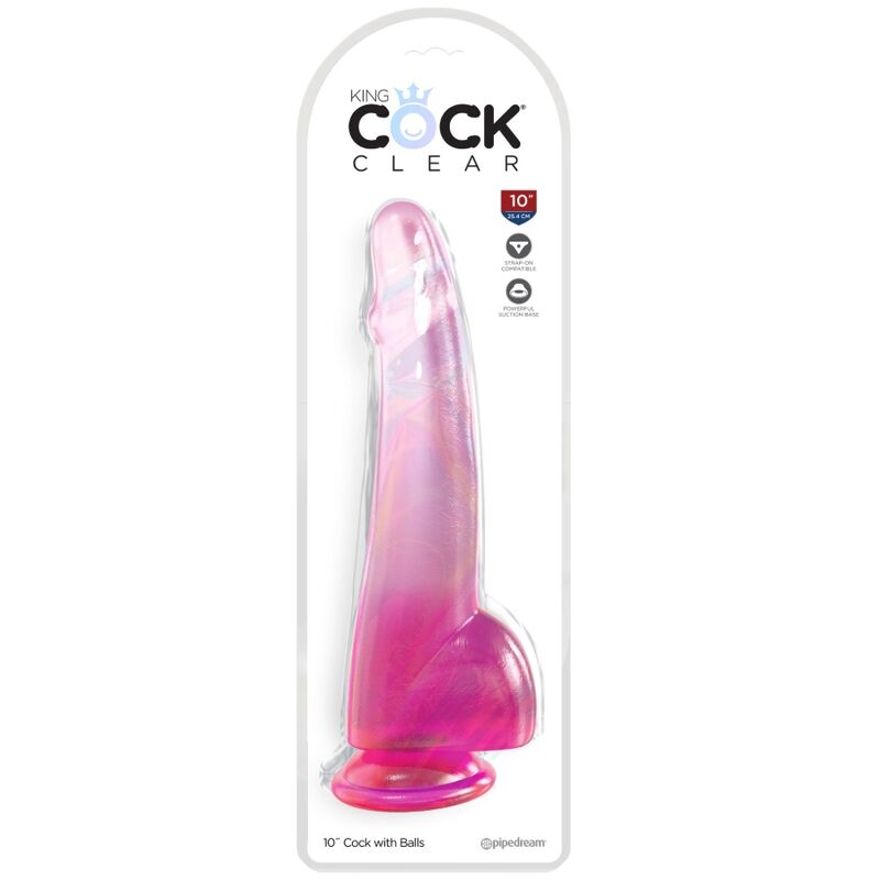 Dildo rosa trasparente KING COCK con testicoli di 19 cm, dettagli realistici e superficie liscia.