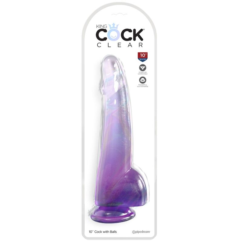 Dildo King Cock trasparente con testicoli viola, lungo 19 cm, dettagli realistici e superficie liscia, ideale per piacere e stimolazione