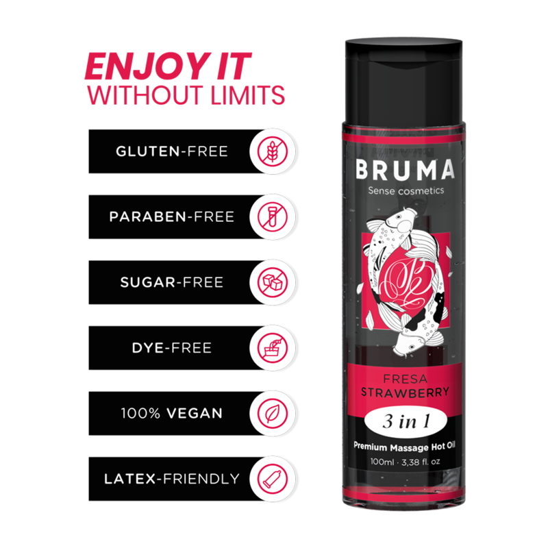 Olio da massaggio BRUMA effetto calore con aroma fragola, bottiglia da 100 ml, presenta una texture liscia e invitante.