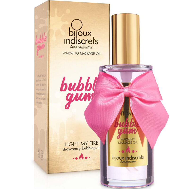 Olio da massaggio Indiscrets Light My Fire di Bijoux Love Cosmetiques, effetto calore e gusto gomma in bottiglia elegante