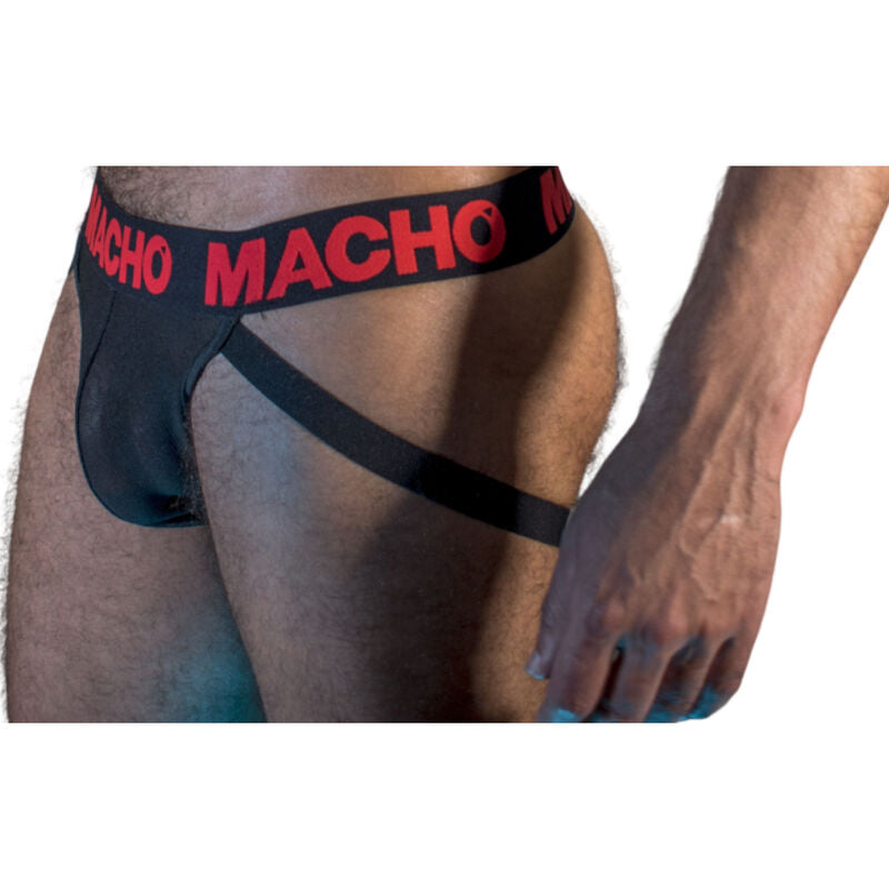 Slip jock nero e rosso MACHO MX26X2 da uomo, tessuto elastico e dettagli colorati, visibile in primo piano nell'immagine.