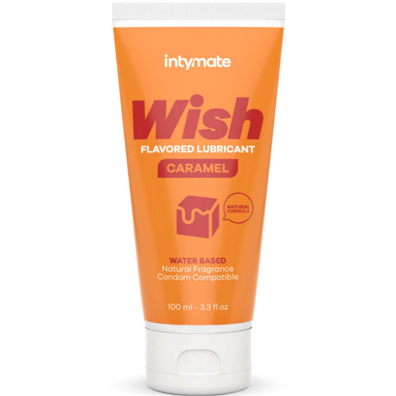 Lubrificante INTIMATELINE INTYMATE al gusto caramello, 100 ml, contenitore con etichetta e tappo, prodotto per uso intimo.
