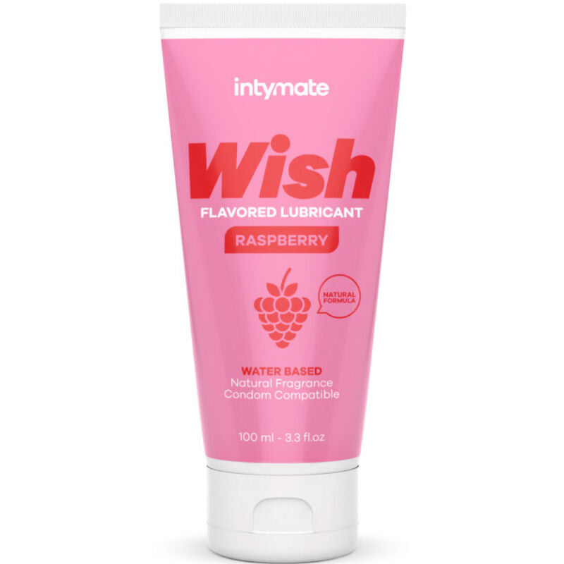 Lubrificante al gusto lampone INTIMATELINE INTYMATE in bottiglia da 100 ml, con etichetta e flacone visibile.
