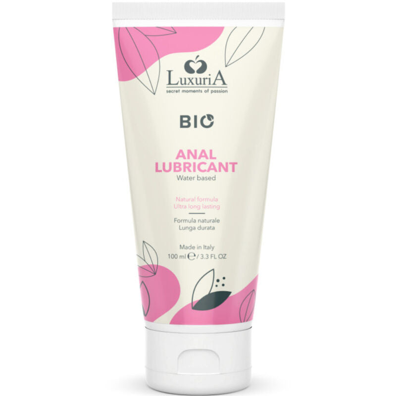 Lubrificante biologico anal a base acqua INTIMATELINE LUXURIA, flacone da 100 ml, con confezione visibile e etichetta chiara.