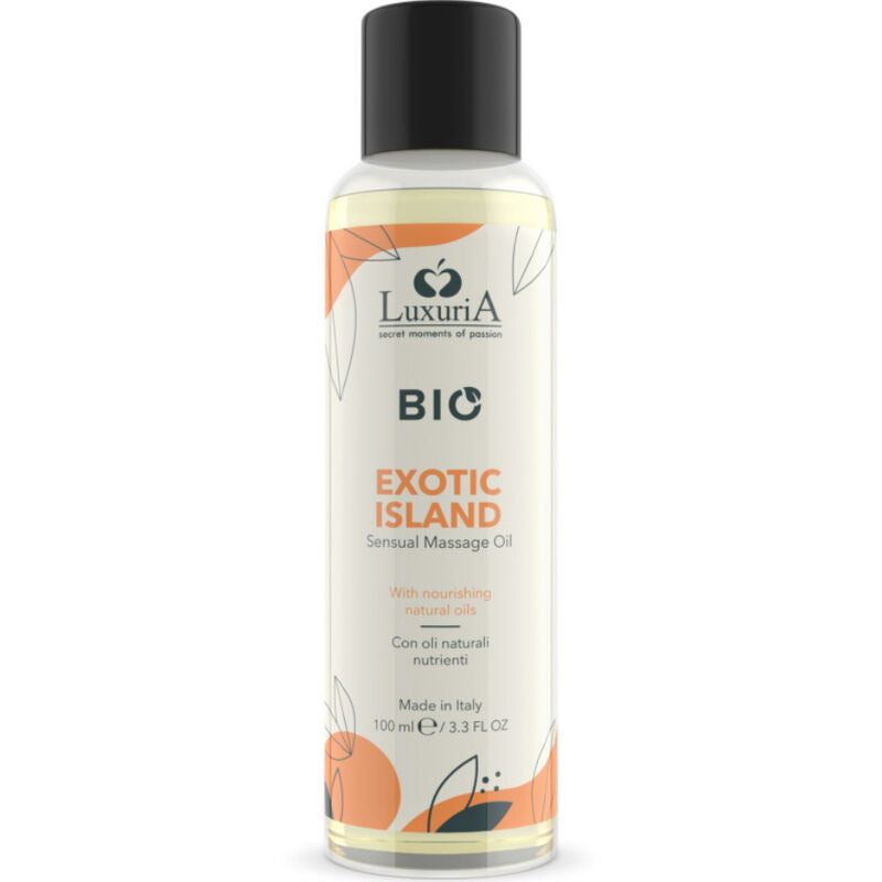 Olio da massaggio biologico Intimateline Luxuria Isola Esotica, flacone da 100 ml con etichetta colorata e tappo.