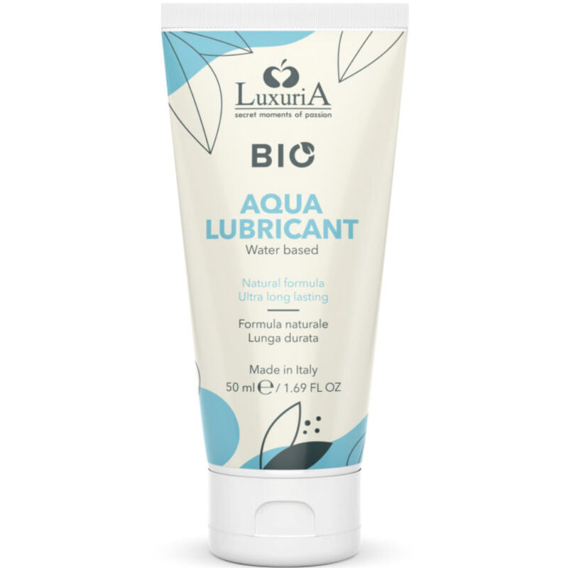Lubrificante biologico a base acqua INTIMATELINE LUXURIA da 50 ml, bottiglia con etichetta bianca e tappo trasparente.