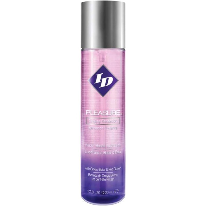 Lubrificante a base acqua ID PLEASURE Sensazione Tingling, bottiglia da 500 ml, con etichetta blu e dettagli sul prodotto