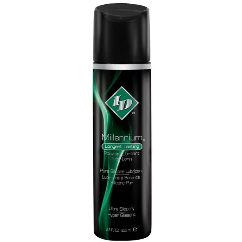 Lubrificante a base di silicone ID MILLENIUM, lunga durata, bottiglia da 250 ml, mostra il prodotto in un contenitore trasparente