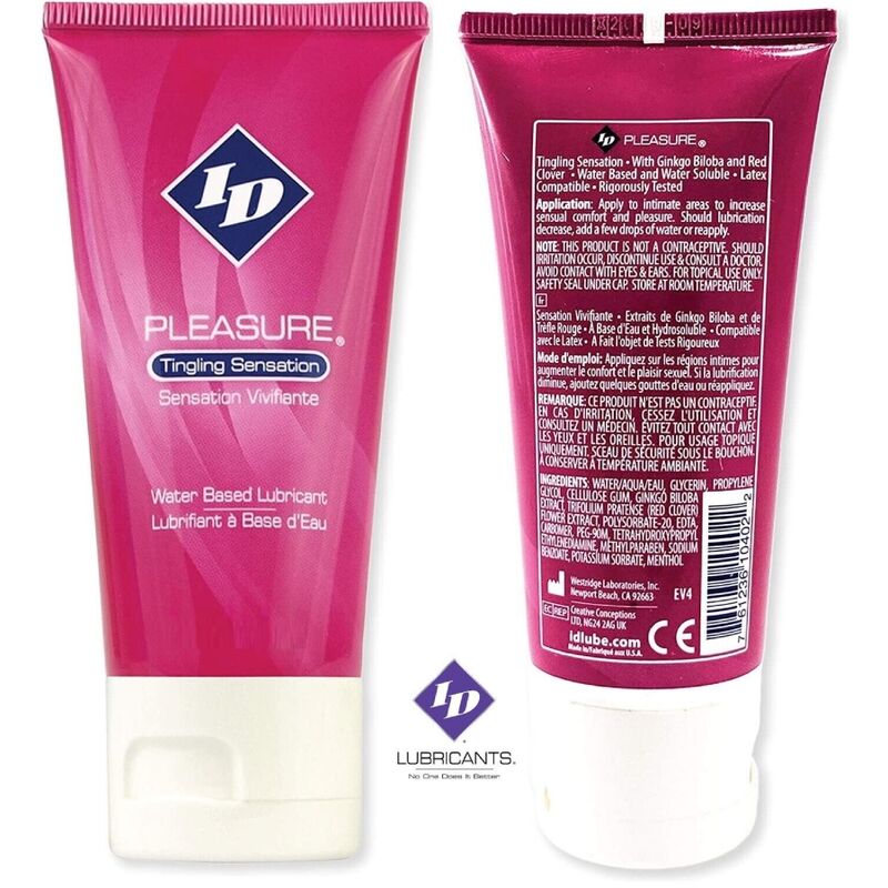 Lubrificante a base acqua ID PLEASURE con effetto tingente, tubo da viaggio da 60 ml, ideale per momenti intimi e sensoriali.