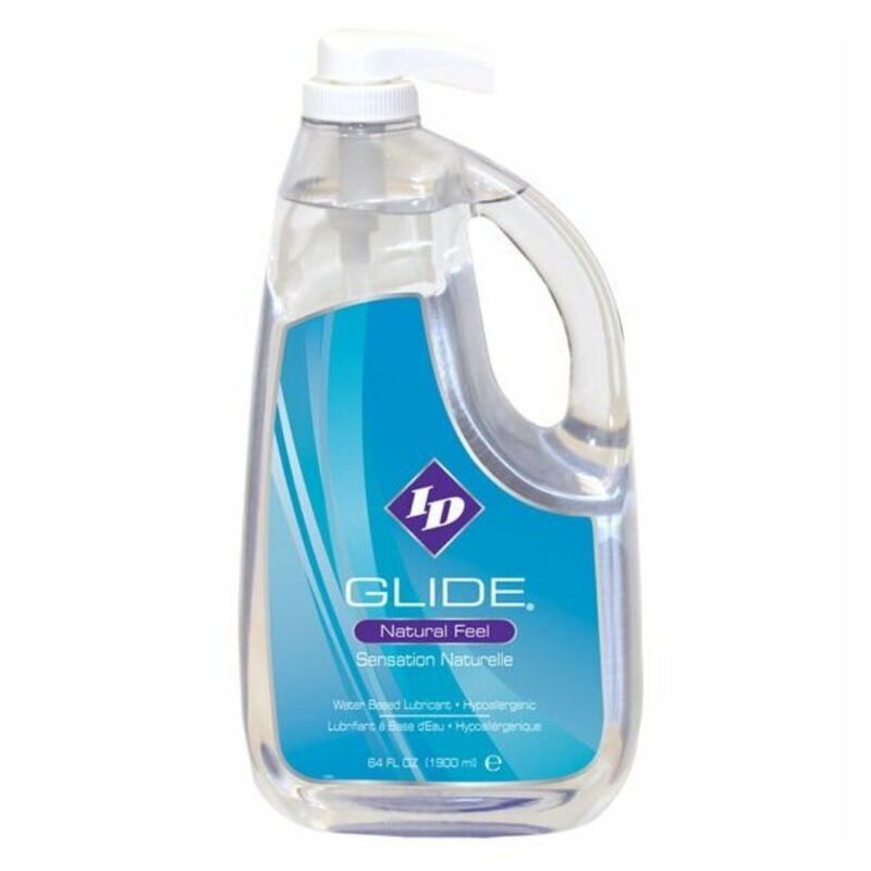 Lubrificante ID GLIDE a base acqua, naturale e ipoallergenico, bottiglia da 1900 ml, mostra la confezione con etichetta.
