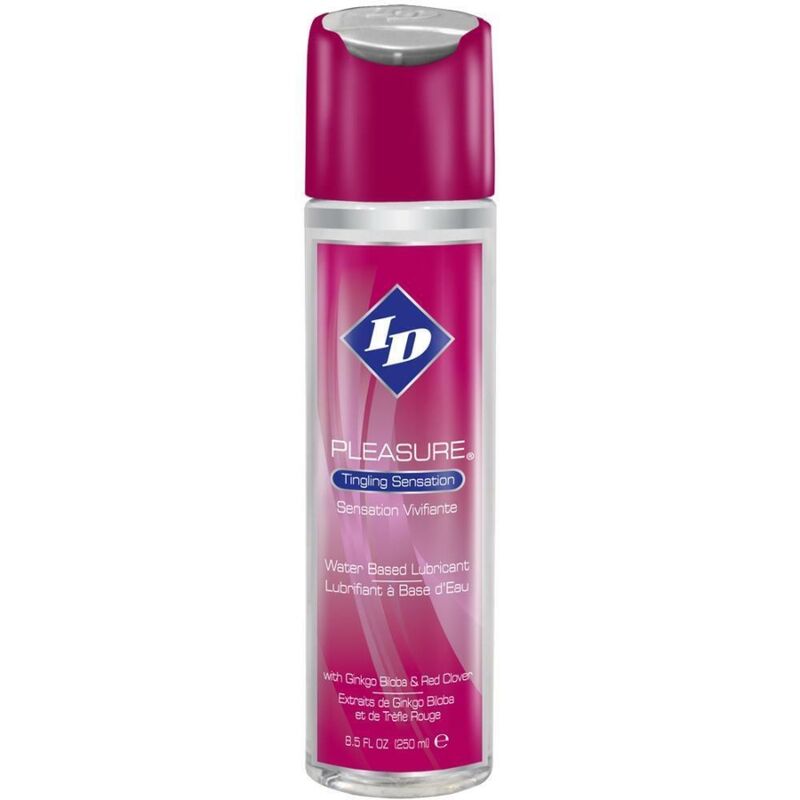 Lubrificante a base acqua ID PLEASURE con sensazione tingente, bottiglia da 250 ml, mostra il flacone con etichetta.