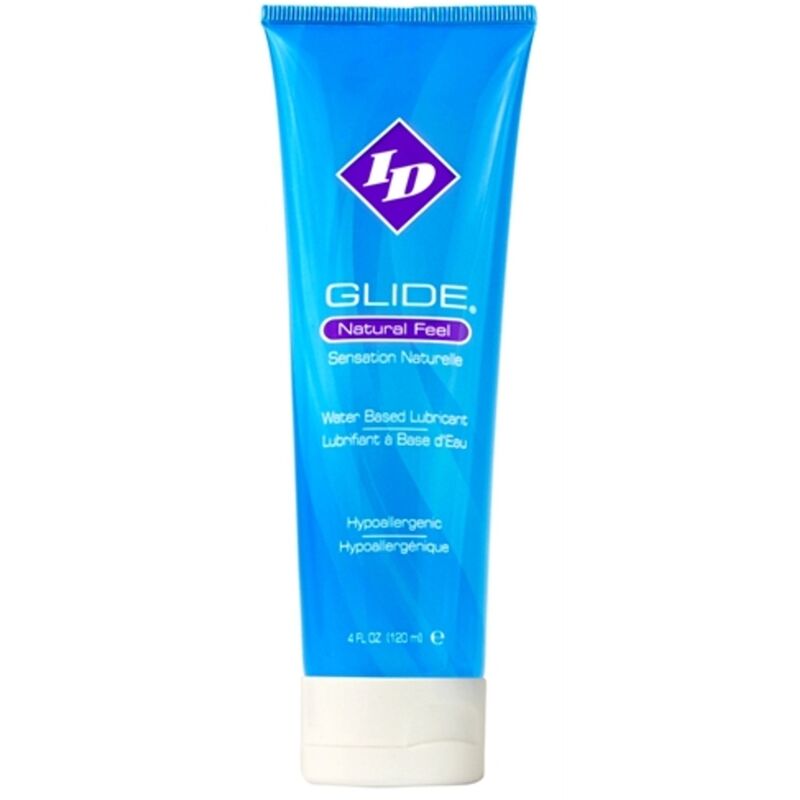 Lubrificante a base acqua ID GLIDE, tubo da 120 ml, visibile con confezione compatta e design pulito.