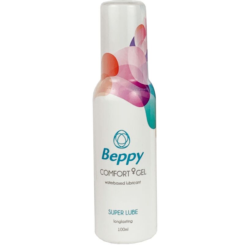 Gel lubrificante a base d'acqua Beppy Comfort Gel, confezione da 100 ml, mostra il tubetto con etichetta bianca e blu.