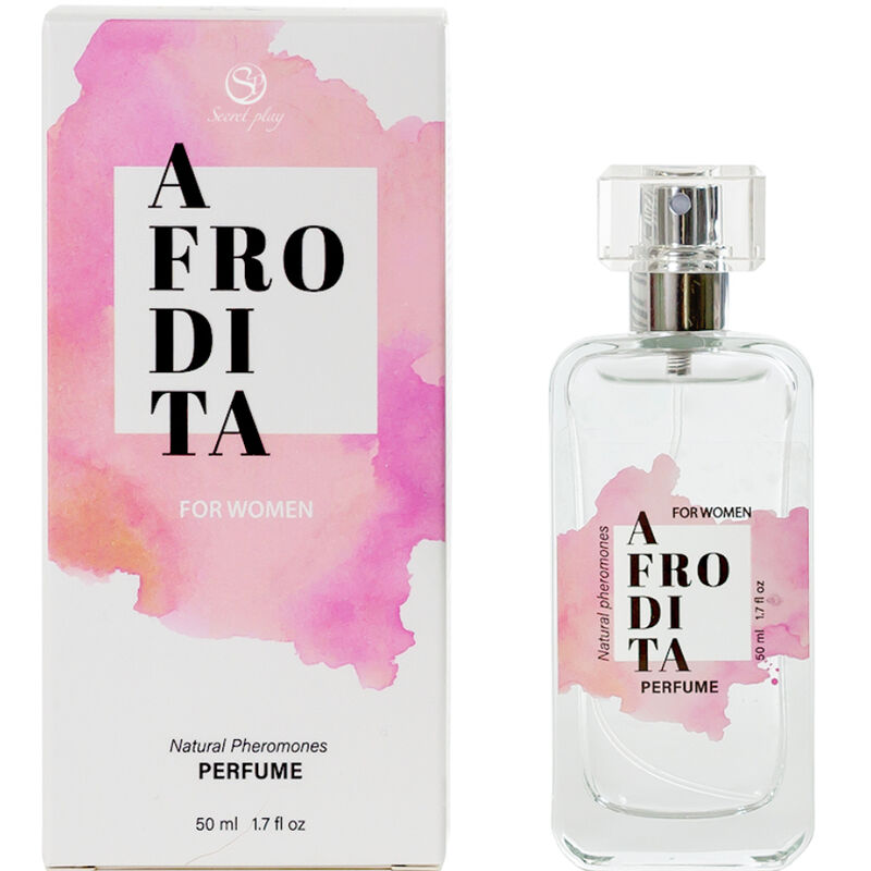 Spray profumato SECRETPLAY con feromoni naturali di Afrodite, 50 ml, bottiglia elegante con etichetta colorata.