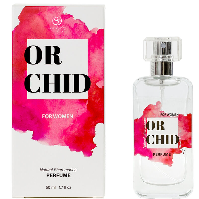 Spray profumo SECRETPLAY con feromoni naturali di orchidea, 50 ml, bottiglia elegante con etichetta colorata.