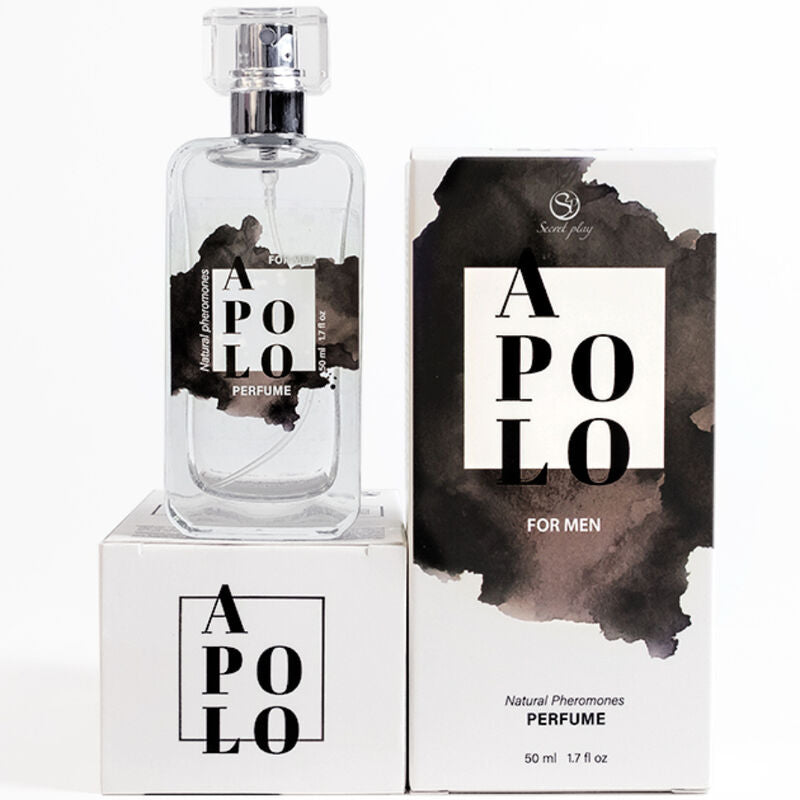 Spray profumo SECRETPLAY APOLO con feromoni naturali in bottiglia da 50 ml, confezione elegante e compatta.