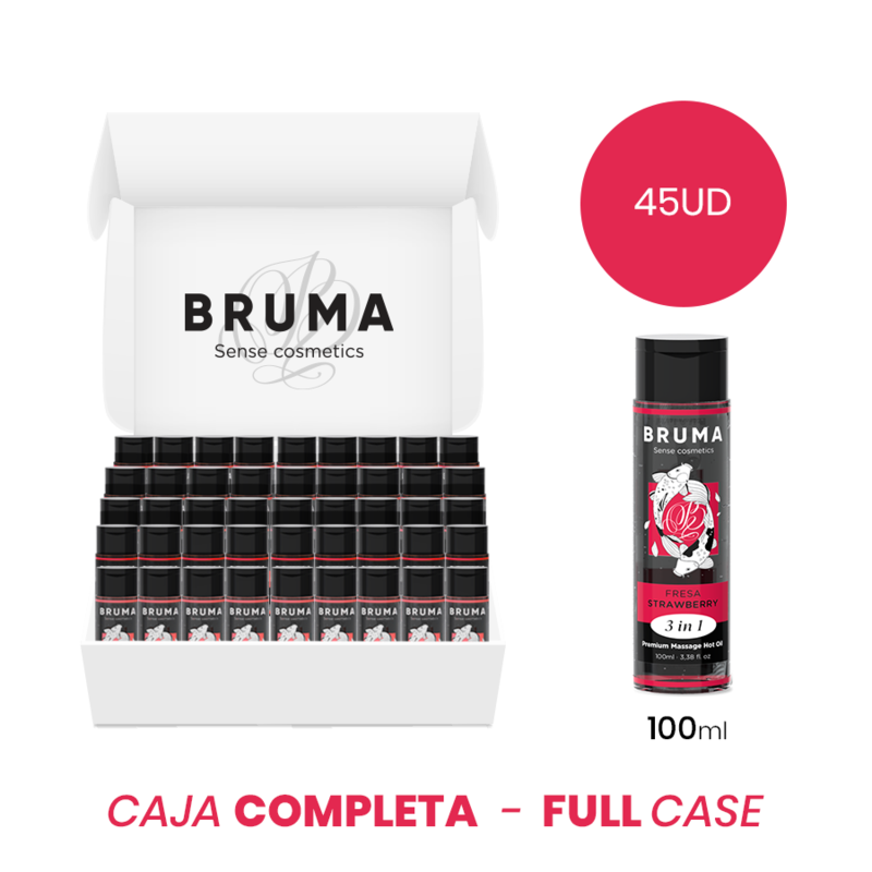 Olio da massaggio Bruma effetto calore con fragola, 100 ml, bottiglia elegante, ideale per relax e benessere.